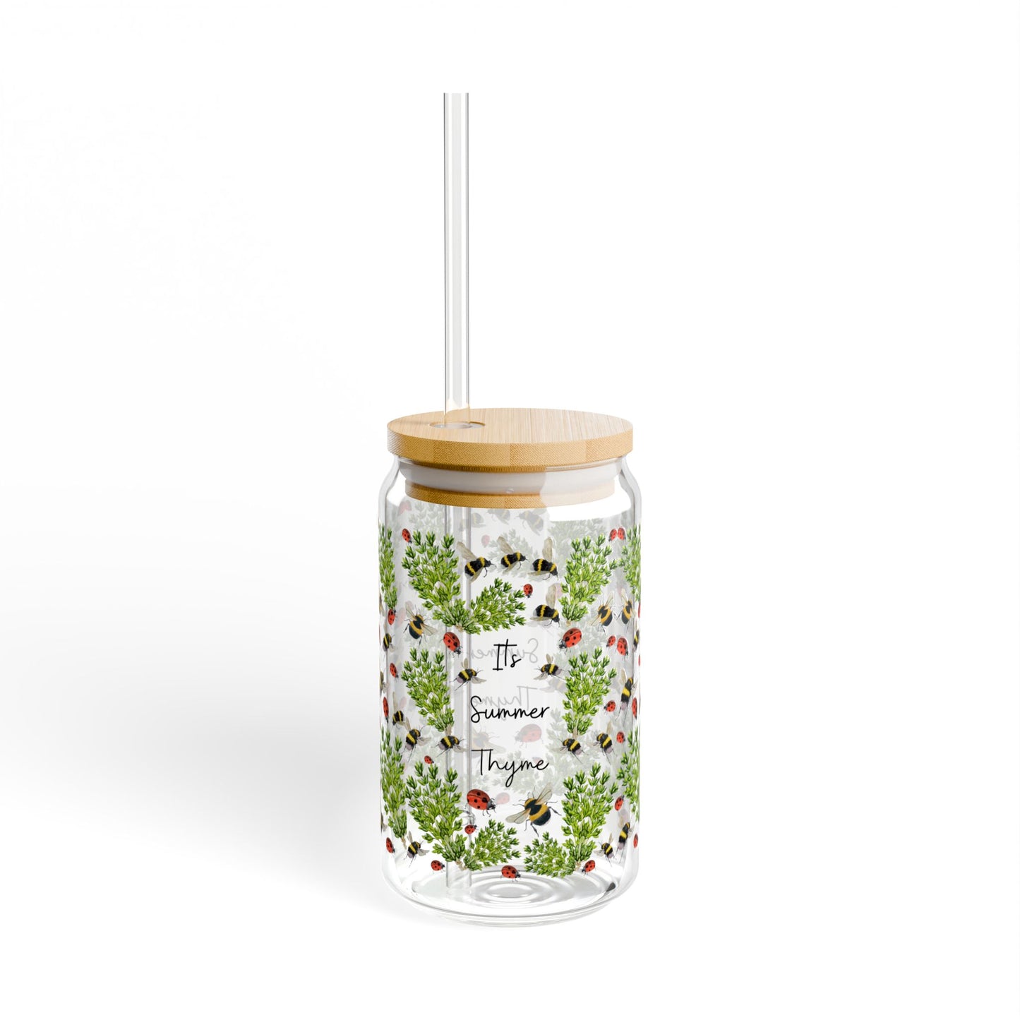 Summer Herb Thyme Ladybug Bumblebee Tumbler for Gardener Sipper Glass Drinkware for Summer Parties Gift for Garden Lovers Reusable Container