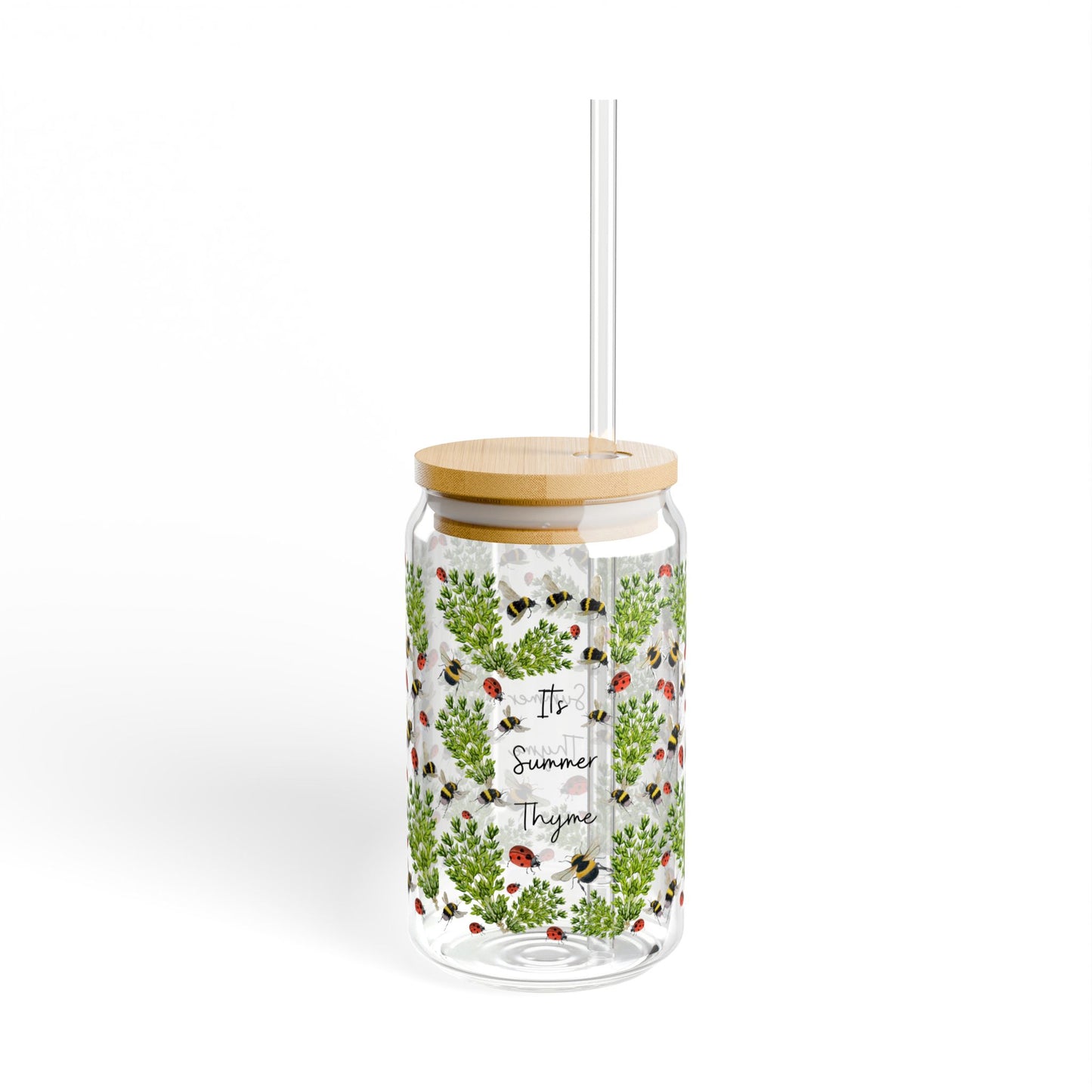 Summer Herb Thyme Ladybug Bumblebee Tumbler for Gardener Sipper Glass Drinkware for Summer Parties Gift for Garden Lovers Reusable Container