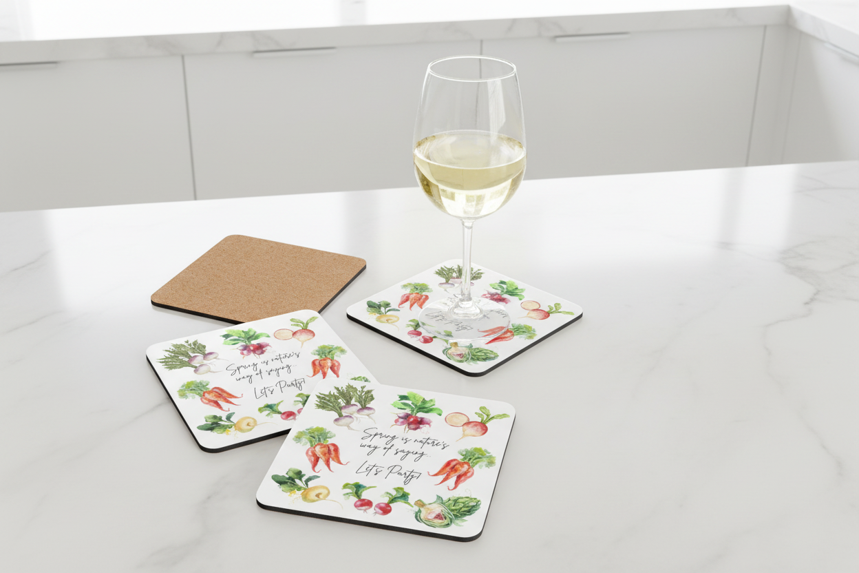 Spring Coaster Set Housewarming Gift Idea Party Joke Vegetable Lover Healthy Eating Enthusiast