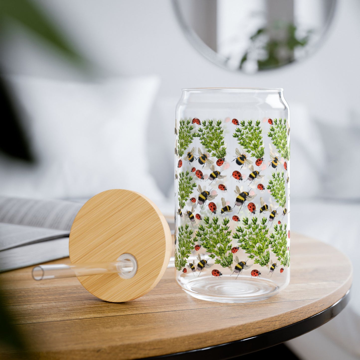 Summer Herb Thyme Ladybug Bumblebee Tumbler for Gardener Sipper Glass Drinkware for Summer Parties Gift for Garden Lovers Reusable Container