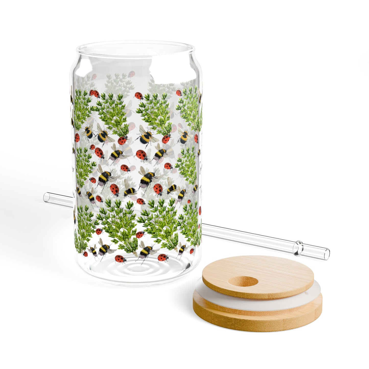 Summer Herb Thyme Ladybug Bumblebee Tumbler for Gardener Sipper Glass Drinkware for Summer Parties Gift for Garden Lovers Reusable Container