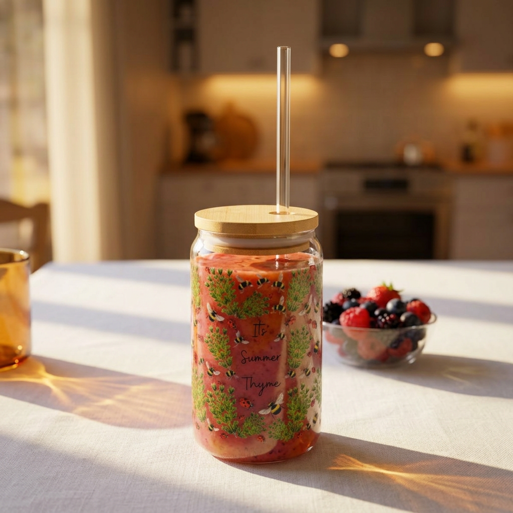 Summer Herb Thyme Ladybug Bumblebee Tumbler for Gardener Sipper Glass Drinkware for Summer Parties Gift for Garden Lovers Reusable Container