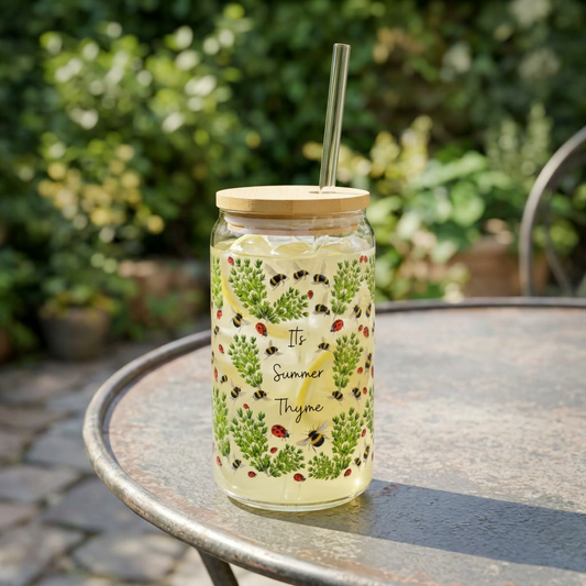Summer Herb Thyme Ladybug Bumblebee Tumbler for Gardener Sipper Glass Drinkware for Summer Parties Gift for Garden Lovers Reusable Container