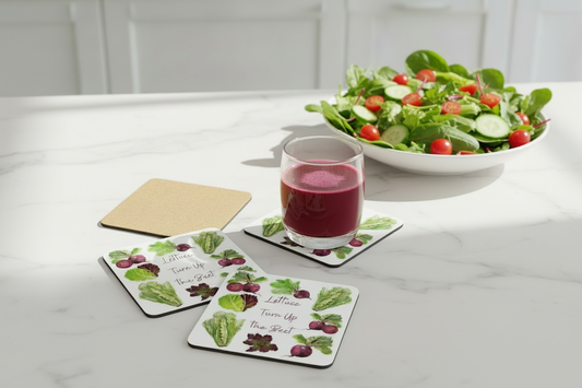 Funny Vegetable Garden Joke Coaster Set Housewarming Gift Idea Home Kitchen Decor Cocktail Coffee Tea Wine Glassware for Veggie Lover