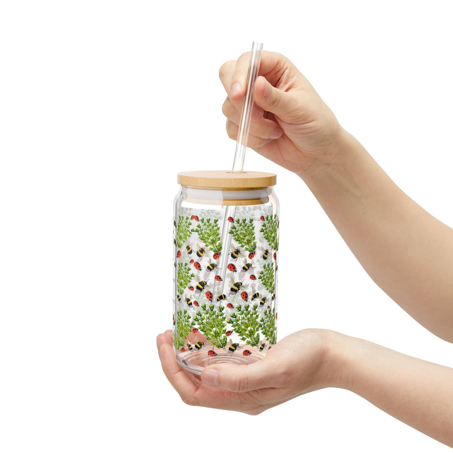 Summer Herb Thyme Ladybug Bumblebee Tumbler for Gardener Sipper Glass Drinkware for Summer Parties Gift for Garden Lovers Reusable Container